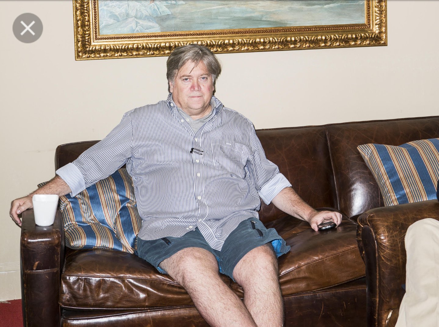 Steve Bannon sitting on a sofa;